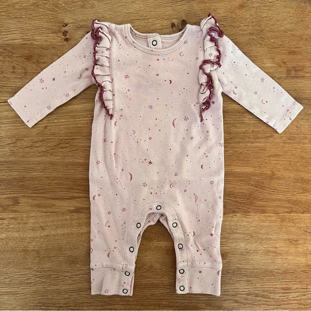 Pehr baby girl pink ruffle moon star print one piece romper outfit 3-6 mo 6M